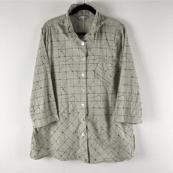 John Mark Tops - John Mark Tunic Top Womens XL Beige Green Abstract Lagenlook 3/4 Sleeve Pocket